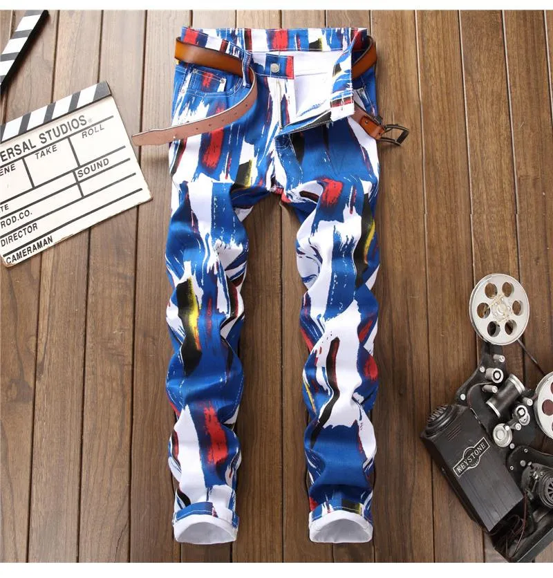 3D Pattern Slim Printed Jeans for Men Blue White Stretch Fashion Denims