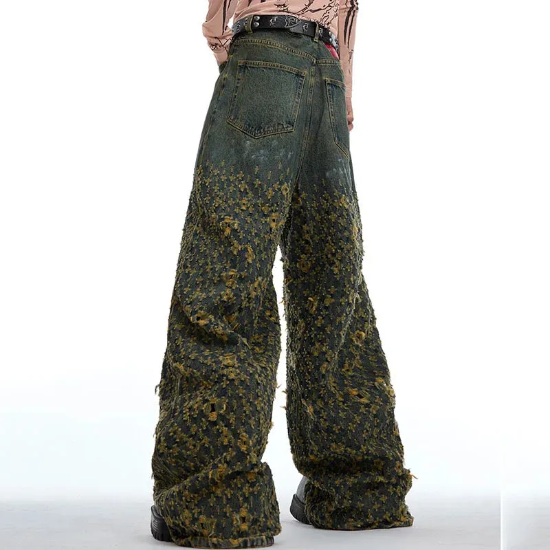 American High Street Irregular Hole Jeans Straight Casual Pants Vintage Wide Leg Male Trousers Fashion 24E1290