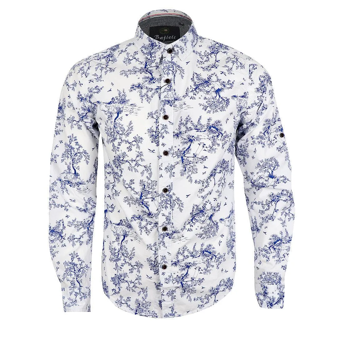 Bajieli Finest Quality White And Blue Floral Designed LongSleeve Shirt