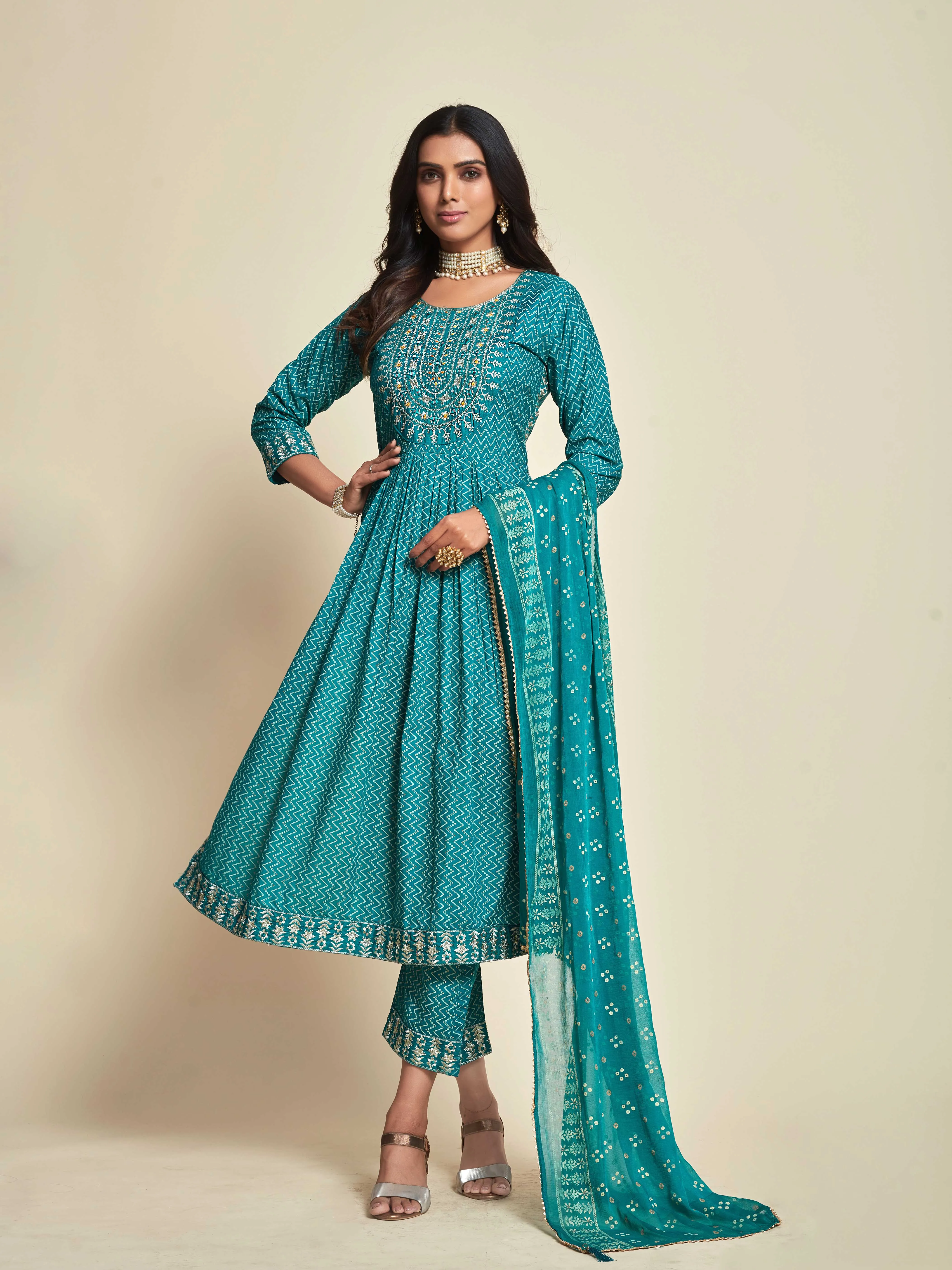 Bandhani Printed Yoke Embroidered A-line Thread Work Kurta with Trousers & Dupatta