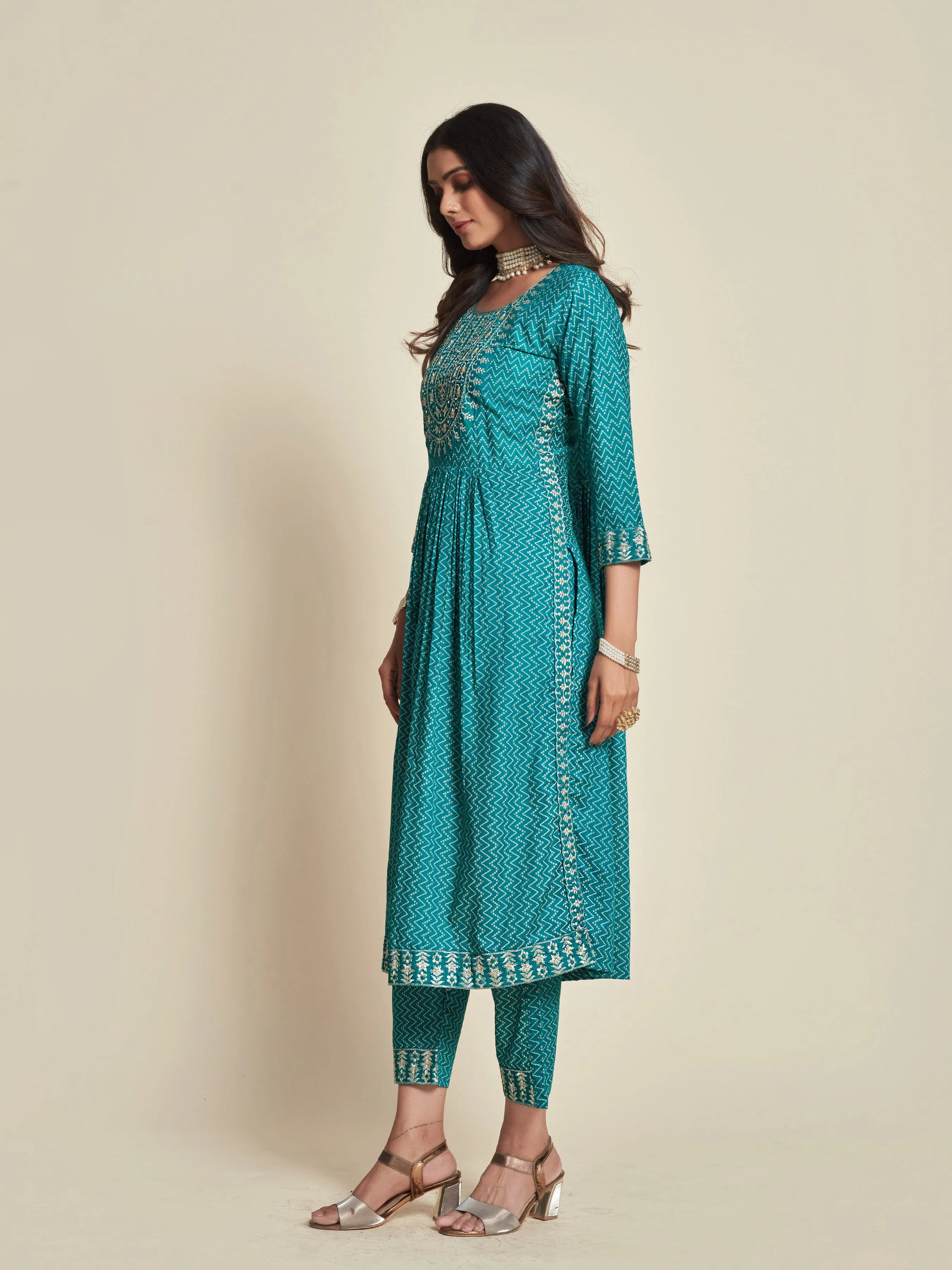 Bandhani Printed Yoke Embroidered A-line Thread Work Kurta with Trousers & Dupatta