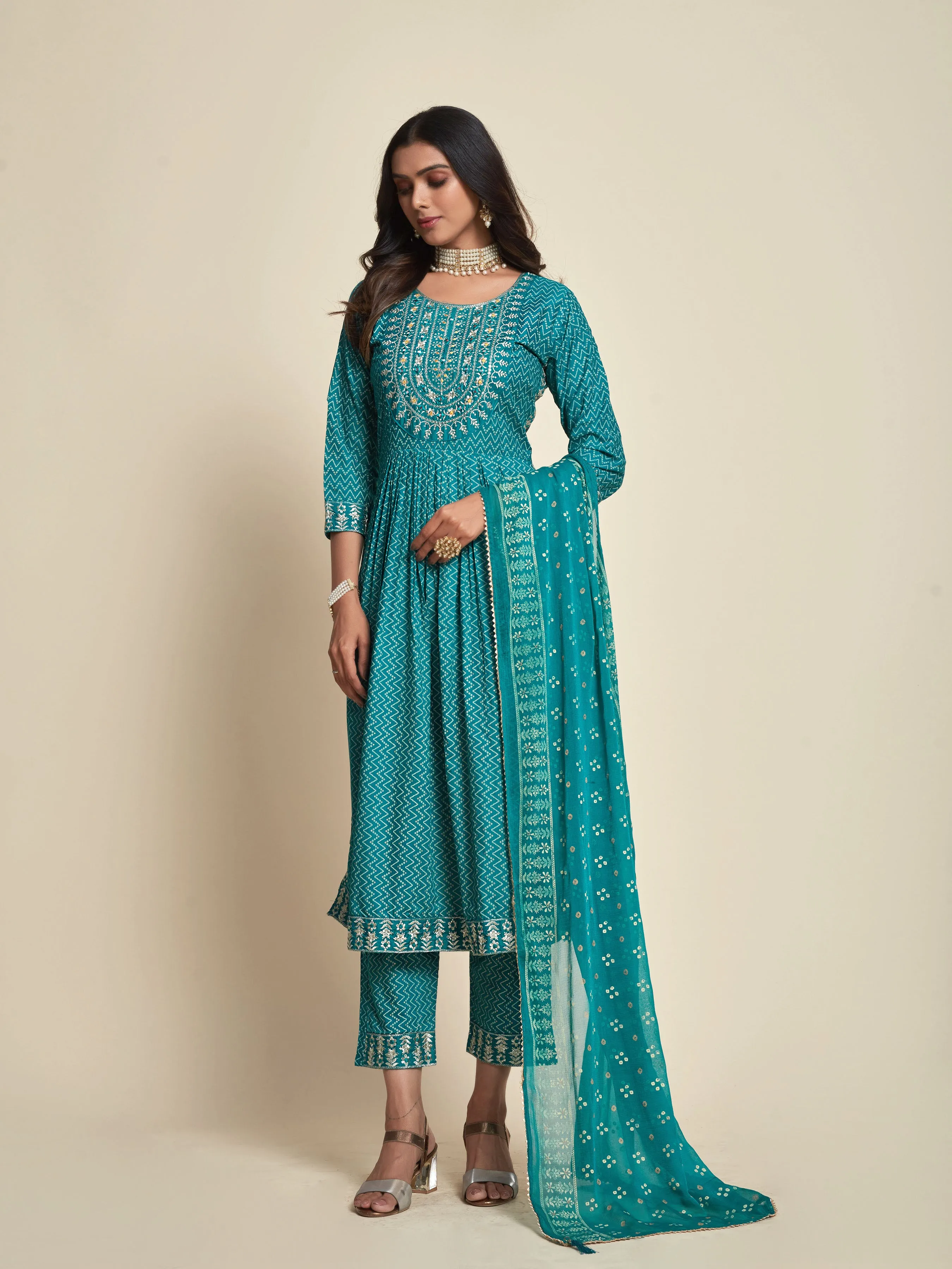 Bandhani Printed Yoke Embroidered A-line Thread Work Kurta with Trousers & Dupatta