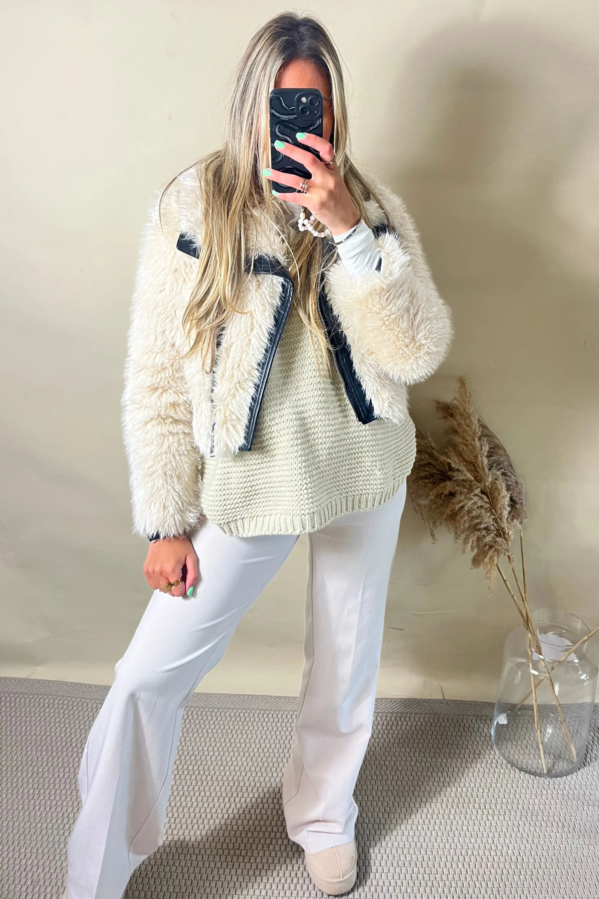 Beige Shaggy Faux Fur Biker Jacket