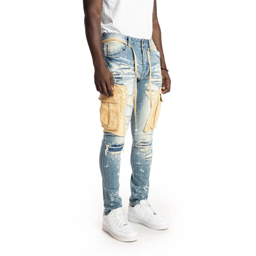 Belted Cargo Fashion Jeans - Brighton Blue