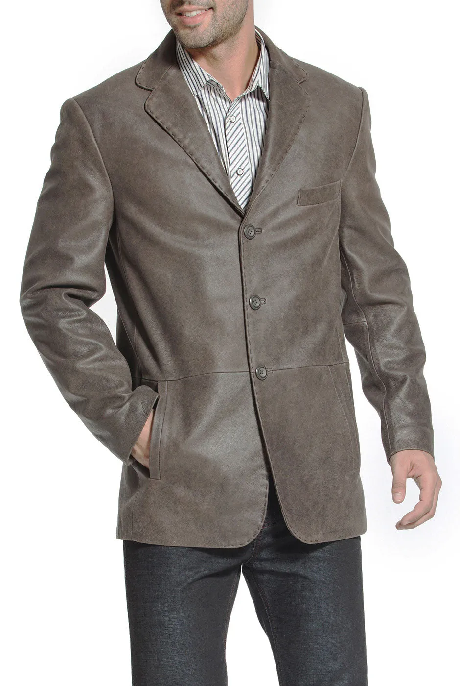 BGSD Men Nathan Three-Button Distressed Cowhide Leather Blazer