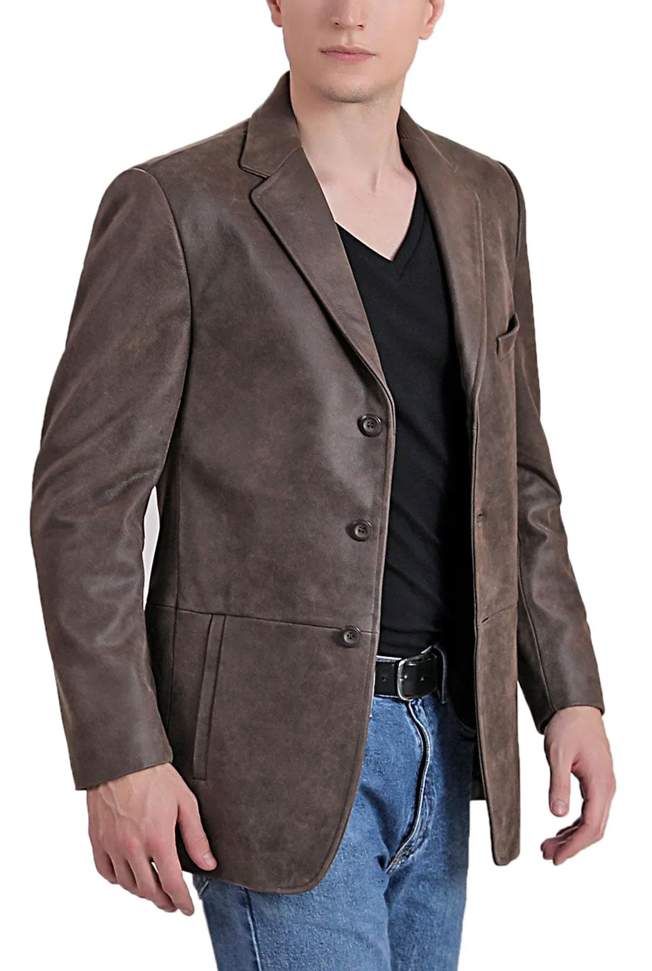 BGSD Men Nathan Three-Button Distressed Cowhide Leather Blazer