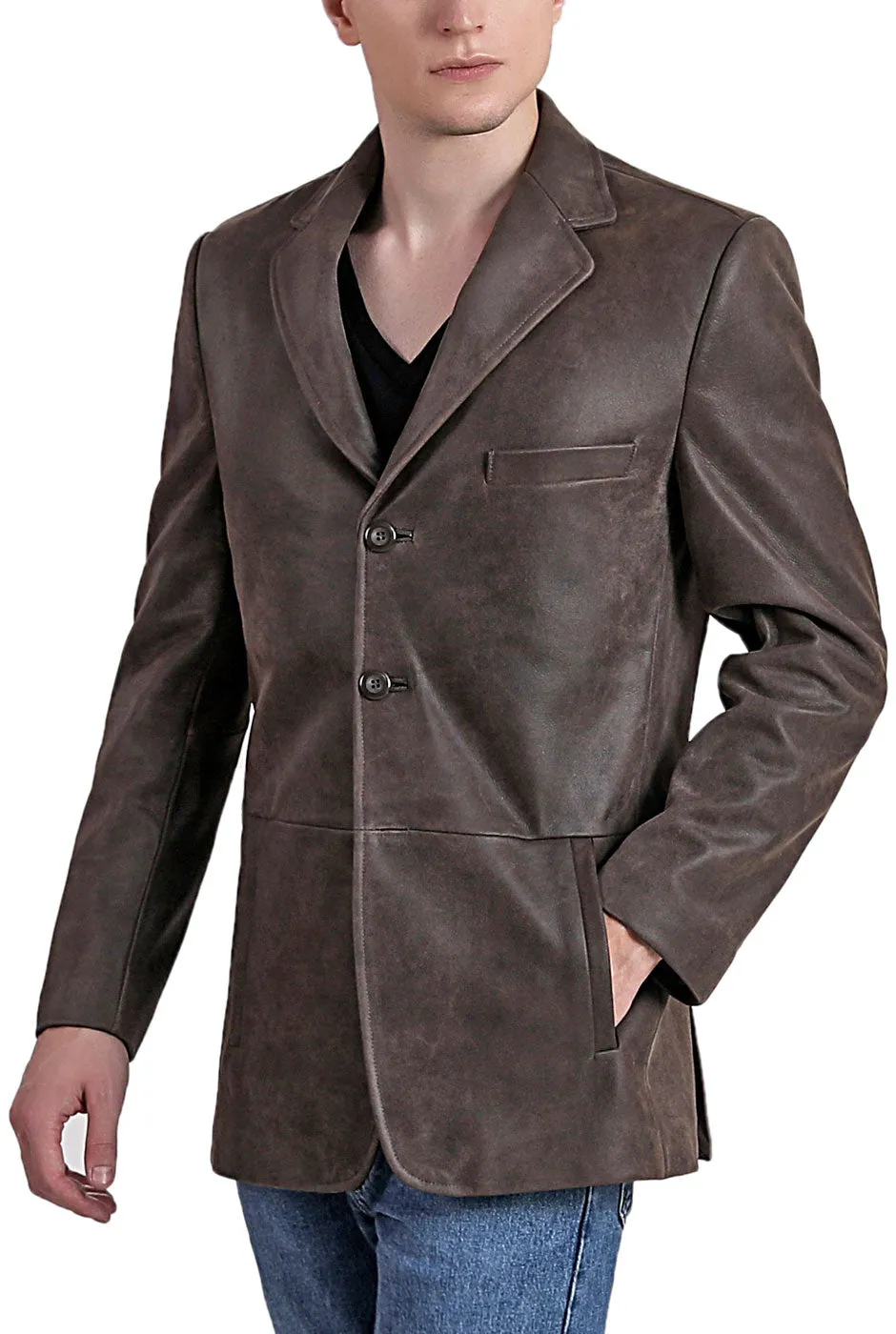 BGSD Men Nathan Three-Button Distressed Cowhide Leather Blazer