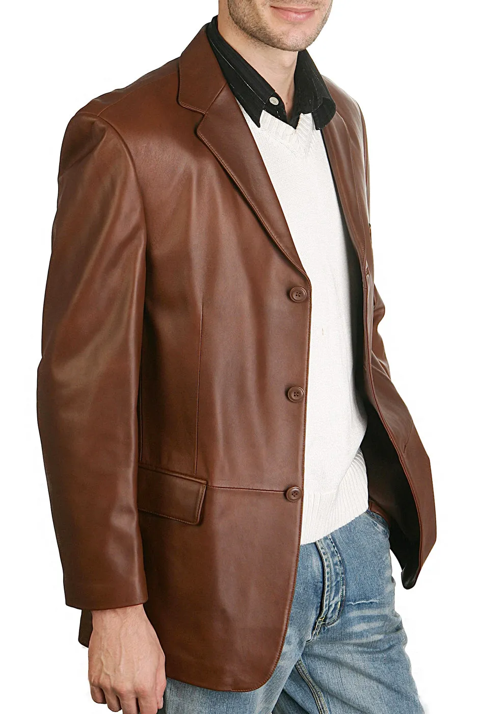 BGSD Men Three-Button Lambskin Leather Blazer