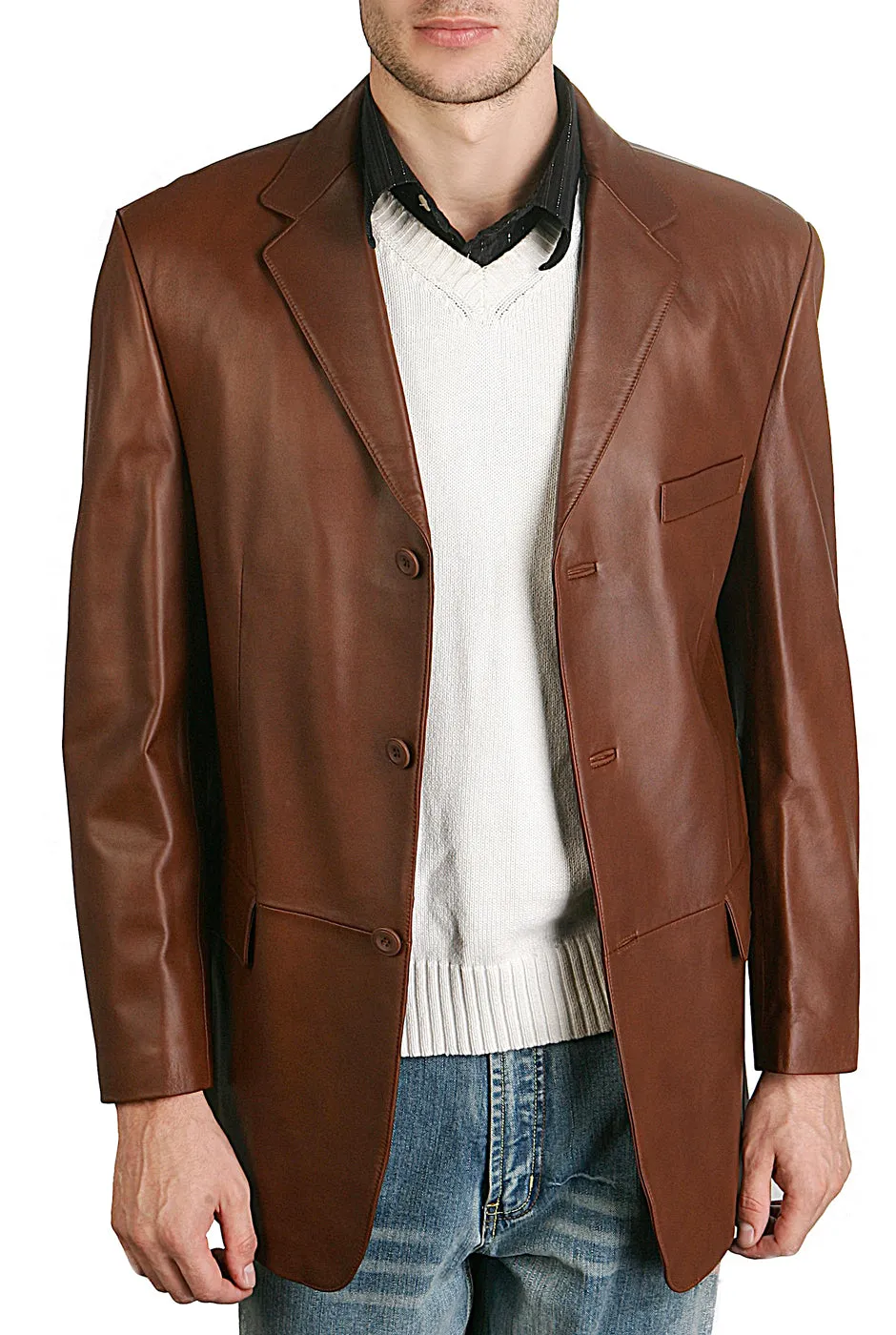 BGSD Men Three-Button Lambskin Leather Blazer