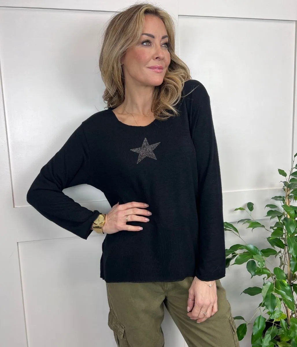 Black Diamante Star Lightweight Jumper