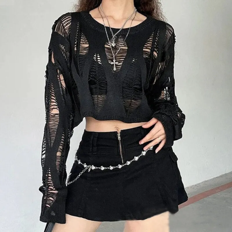 Black Knitted Grunge Ripped Crop Sweater