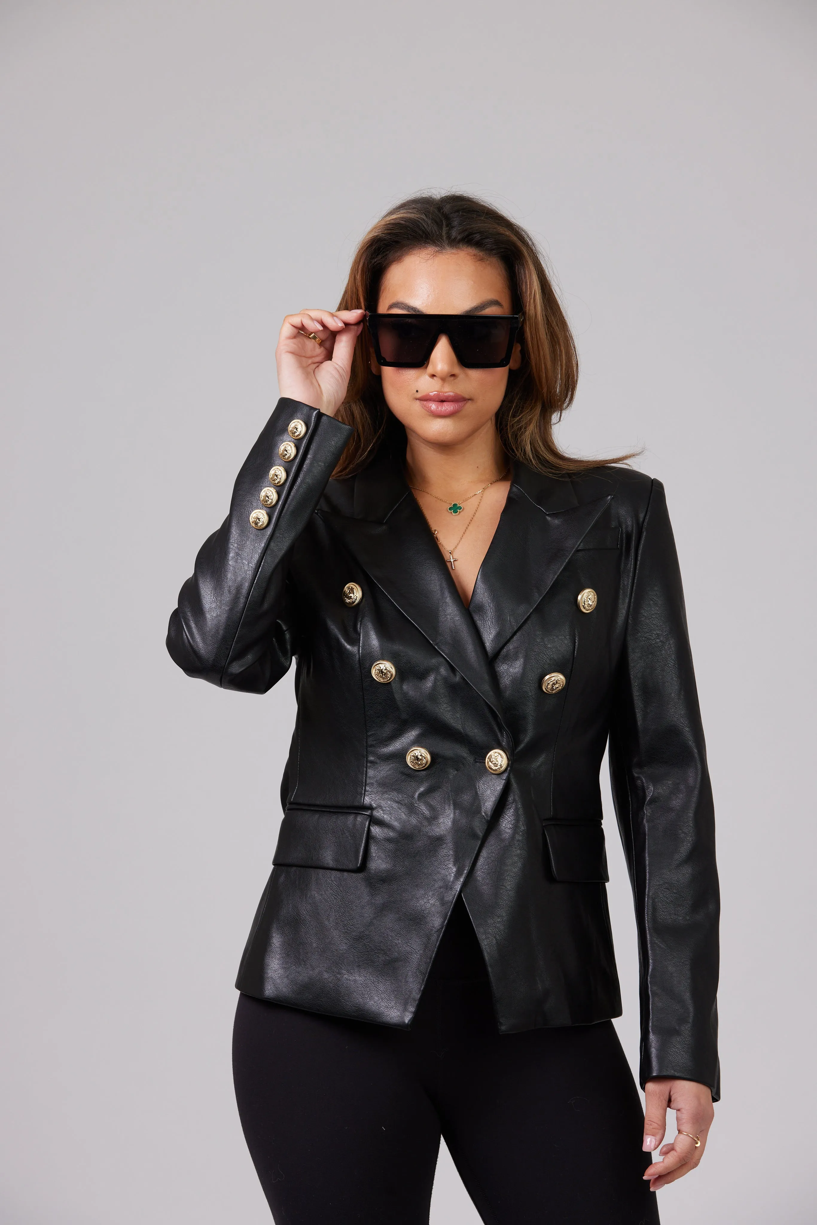 BLACK LEATHER GOLD BUTTON BLAZER