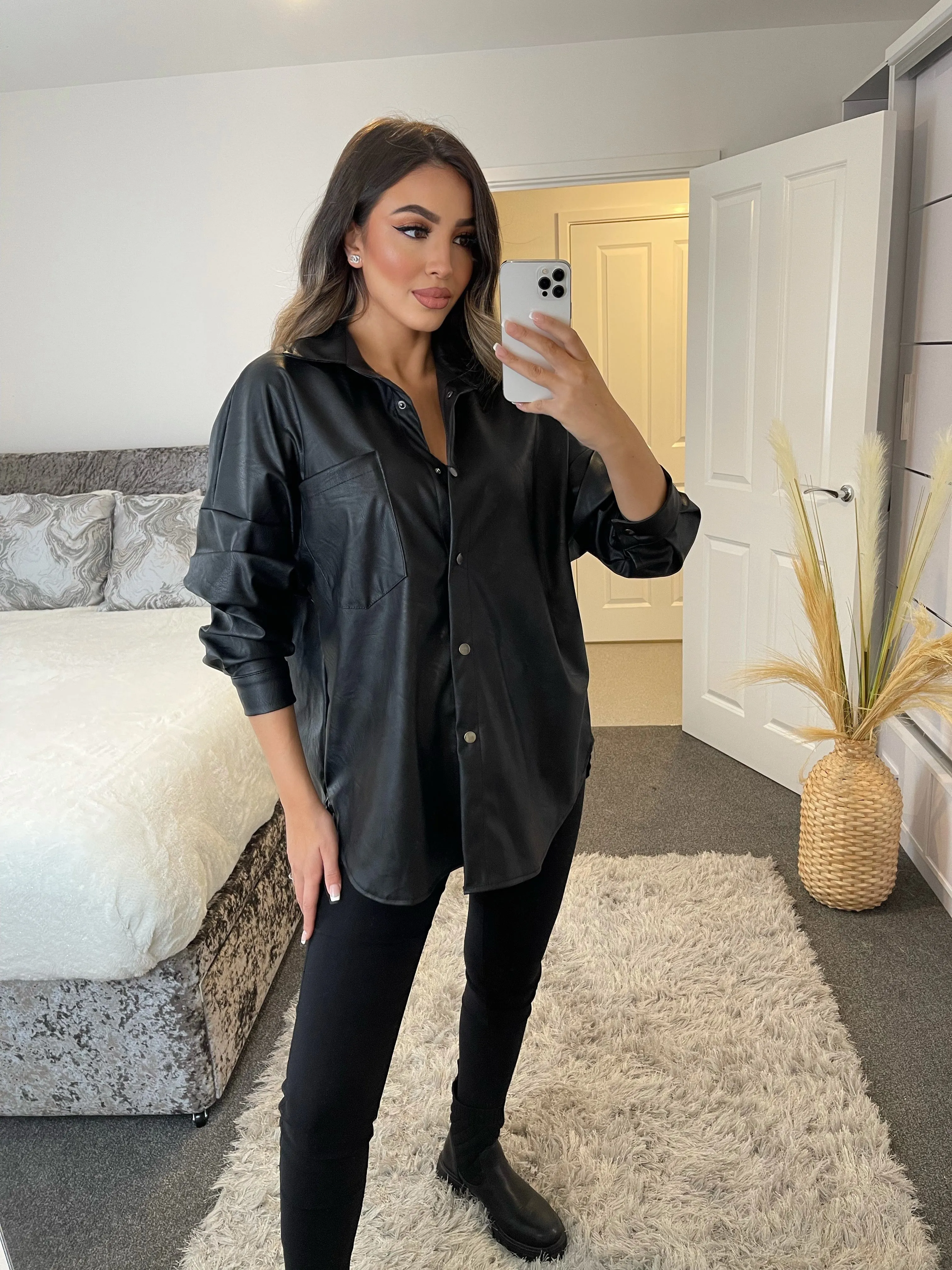 Black Oversized PU Faux Leather Shirt