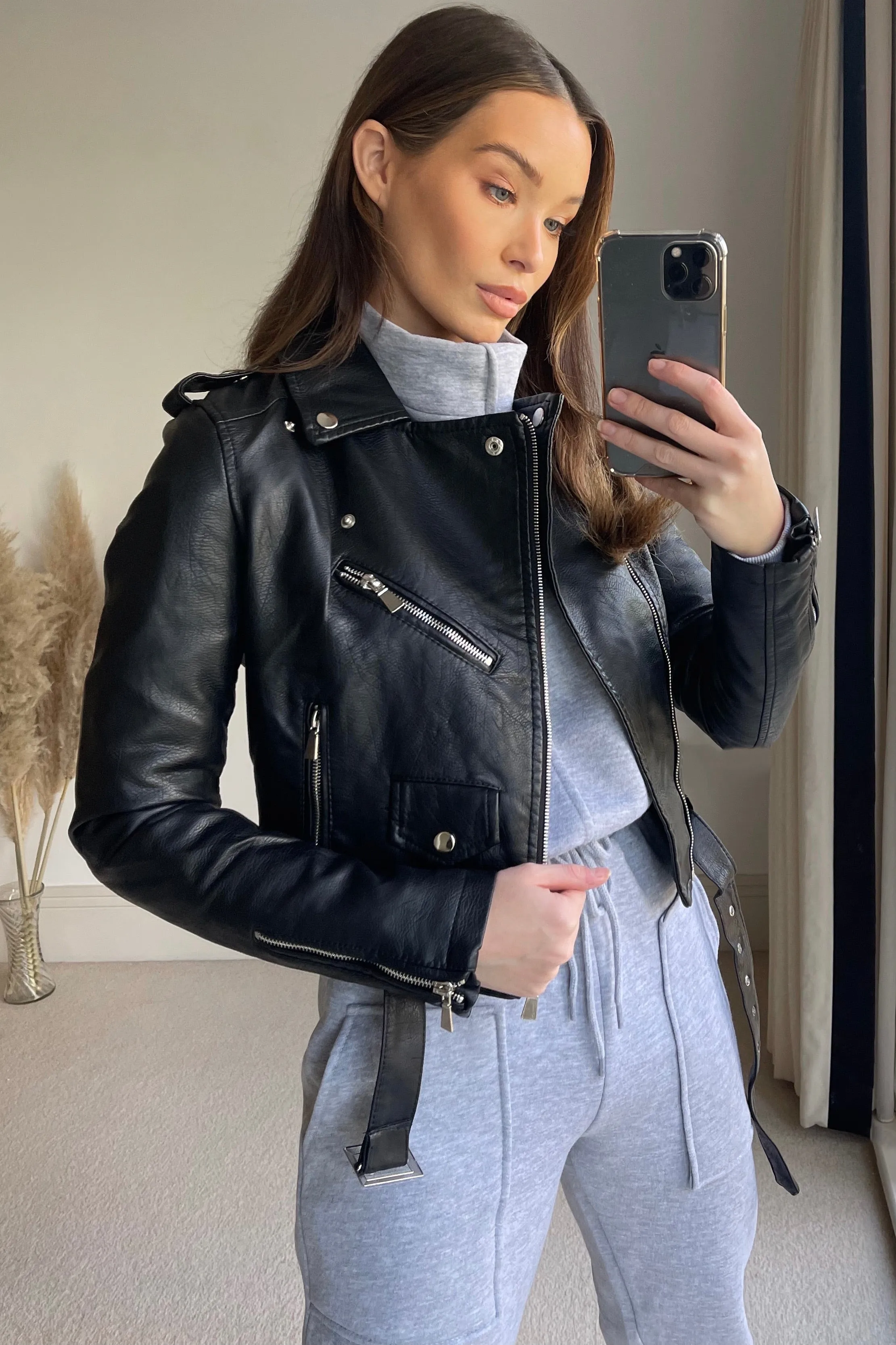 Black PU Faux Leather Zip Up Biker Jacket