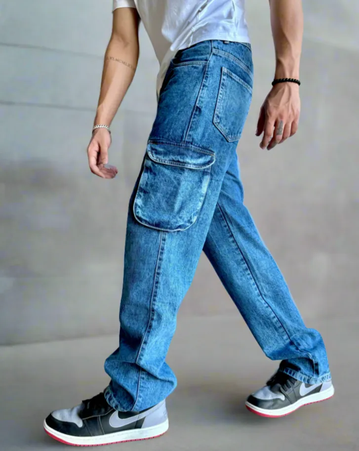 Blue Acid Wash Flap Pocket Side Cargo Jeans