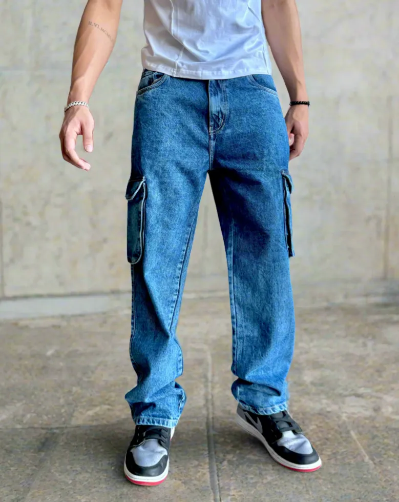 Blue Acid Wash Flap Pocket Side Cargo Jeans