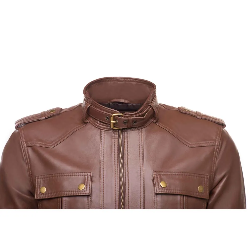 Brown leather jacket with collar belt