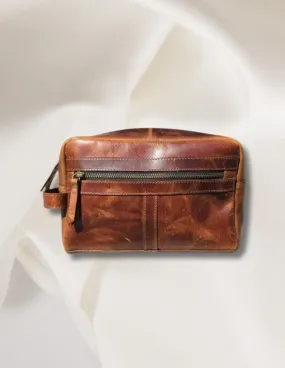 Buffalo Leather Travel Toiletry Bag - Cognac Brown