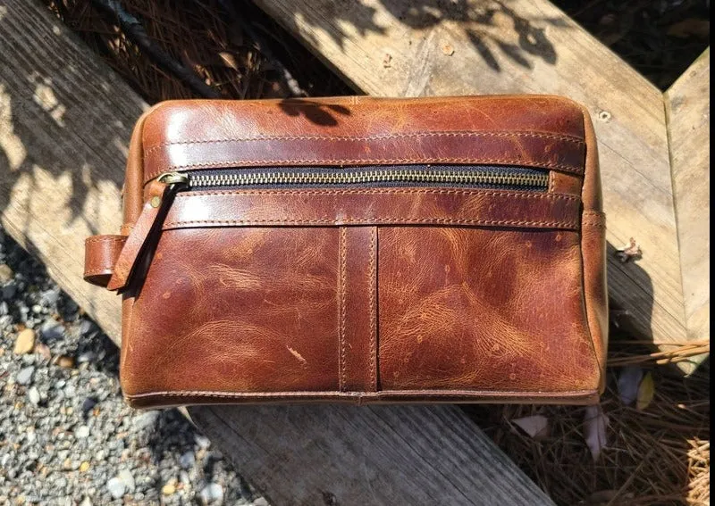 Buffalo Leather Travel Toiletry Bag - Cognac Brown