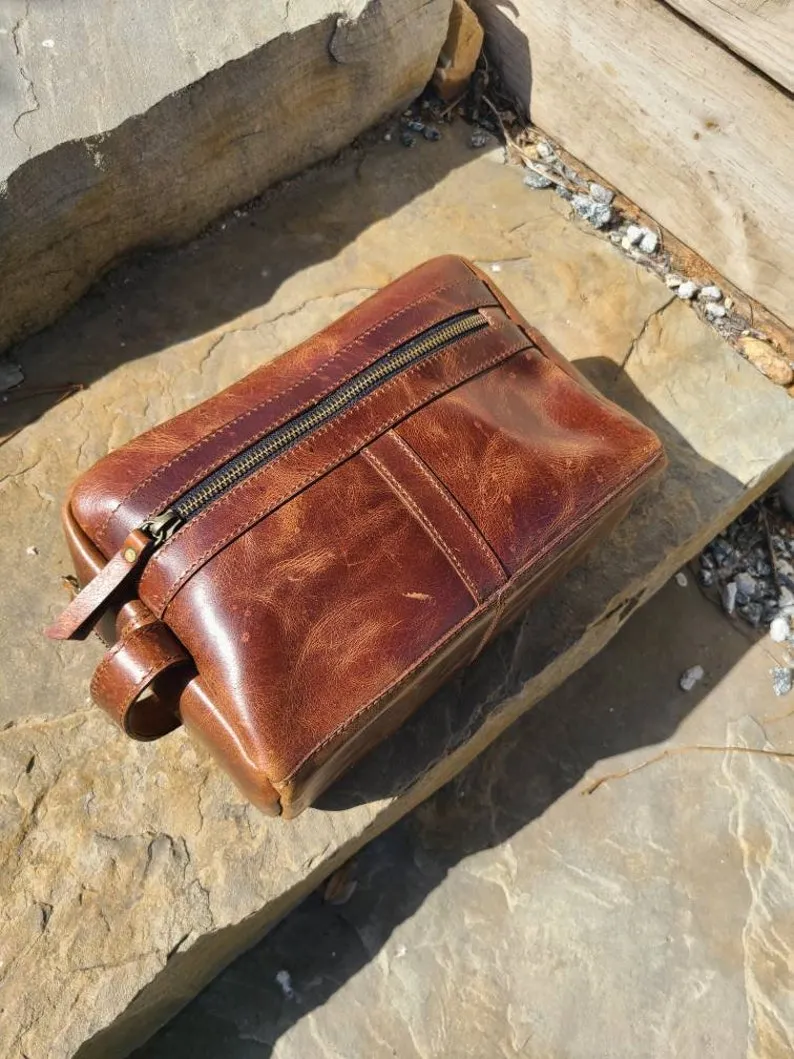 Buffalo Leather Travel Toiletry Bag - Cognac Brown