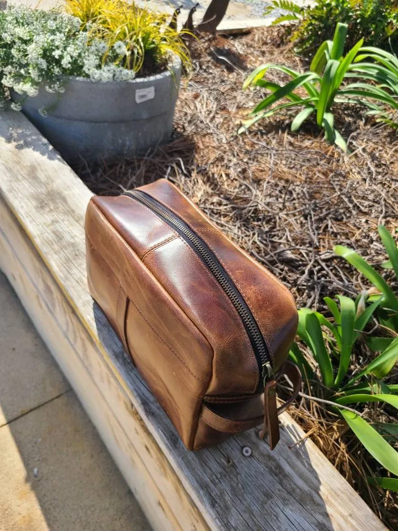 Buffalo Leather Travel Toiletry Bag - Cognac Brown