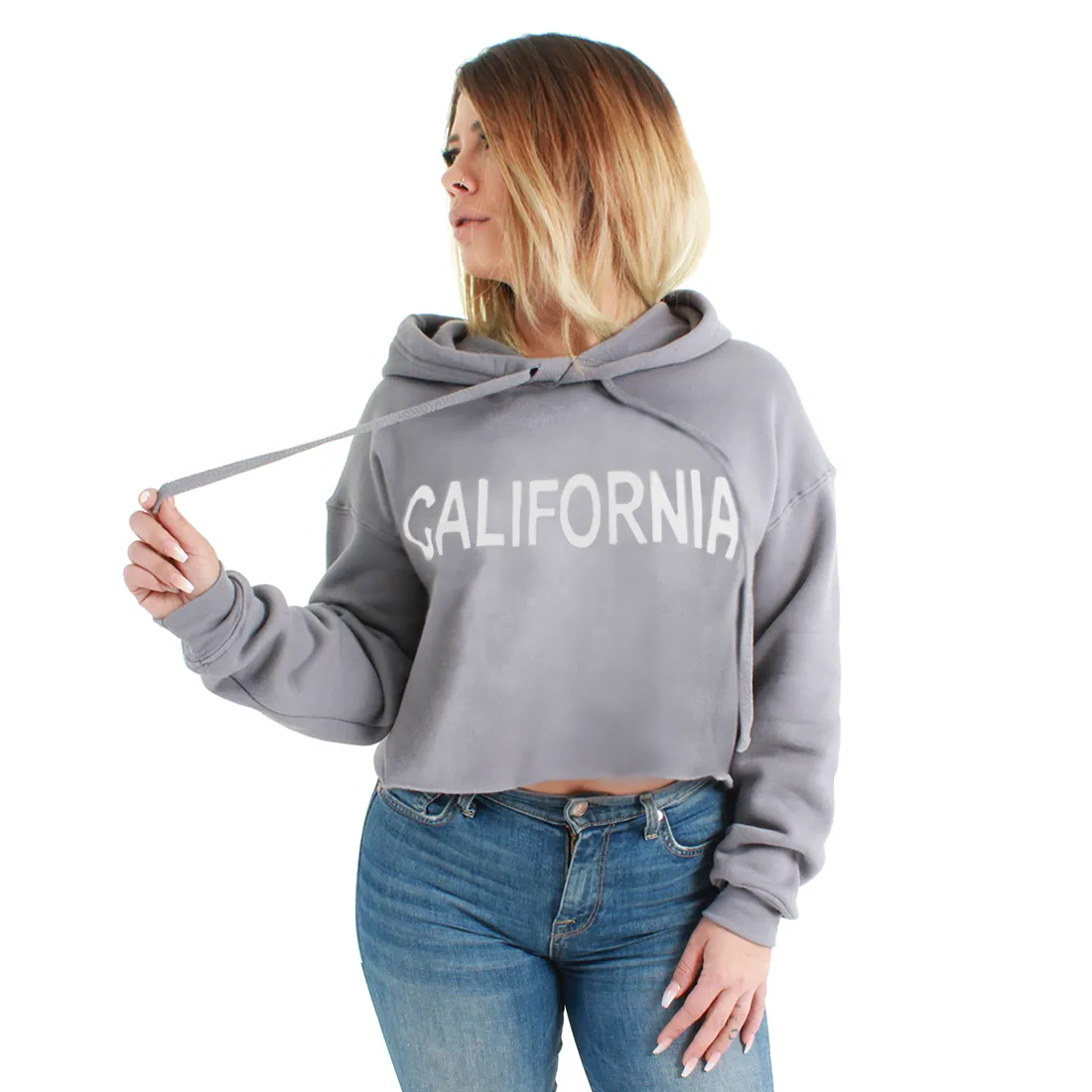 California Bold Text Cropped Hoodie Grey