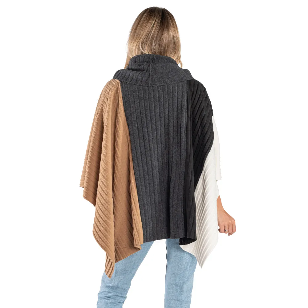 Color Blocked Cowl Neck Pleated Fleece Poncho