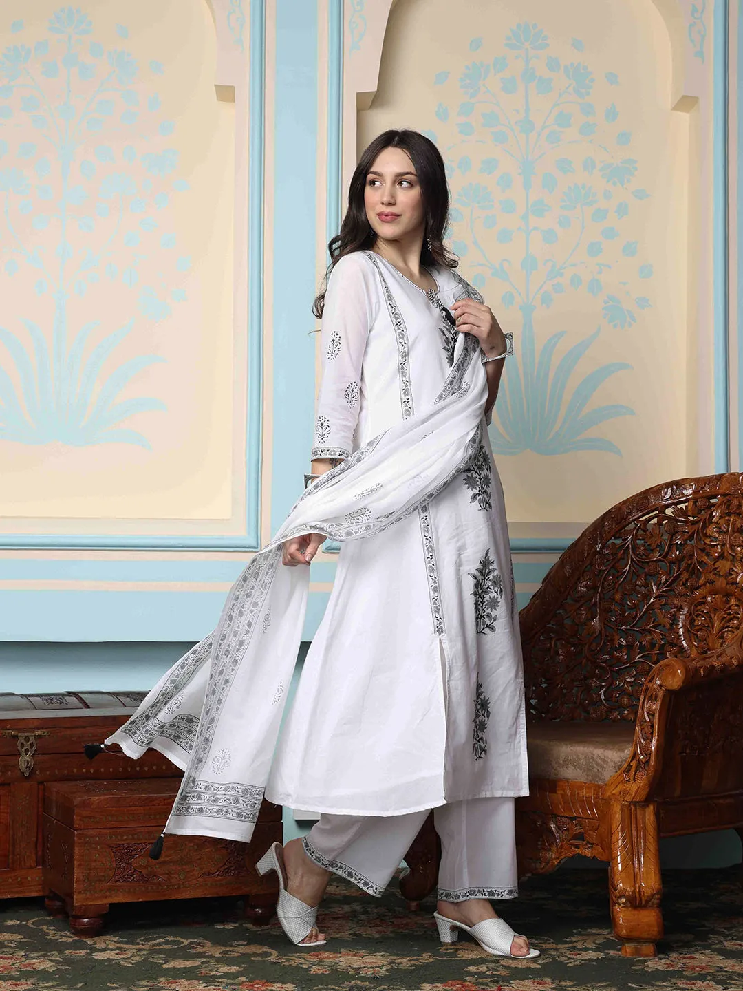 Cotton Block Printed Kurta with Neck Tie-Up, Solid Pants and Soft Mulmul Dupatta