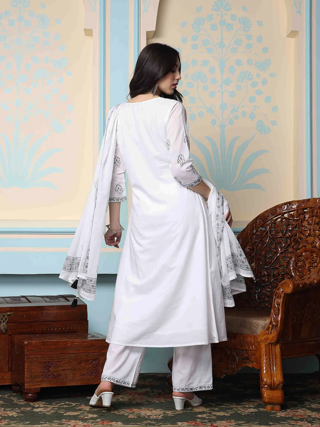 Cotton Block Printed Kurta with Neck Tie-Up, Solid Pants and Soft Mulmul Dupatta