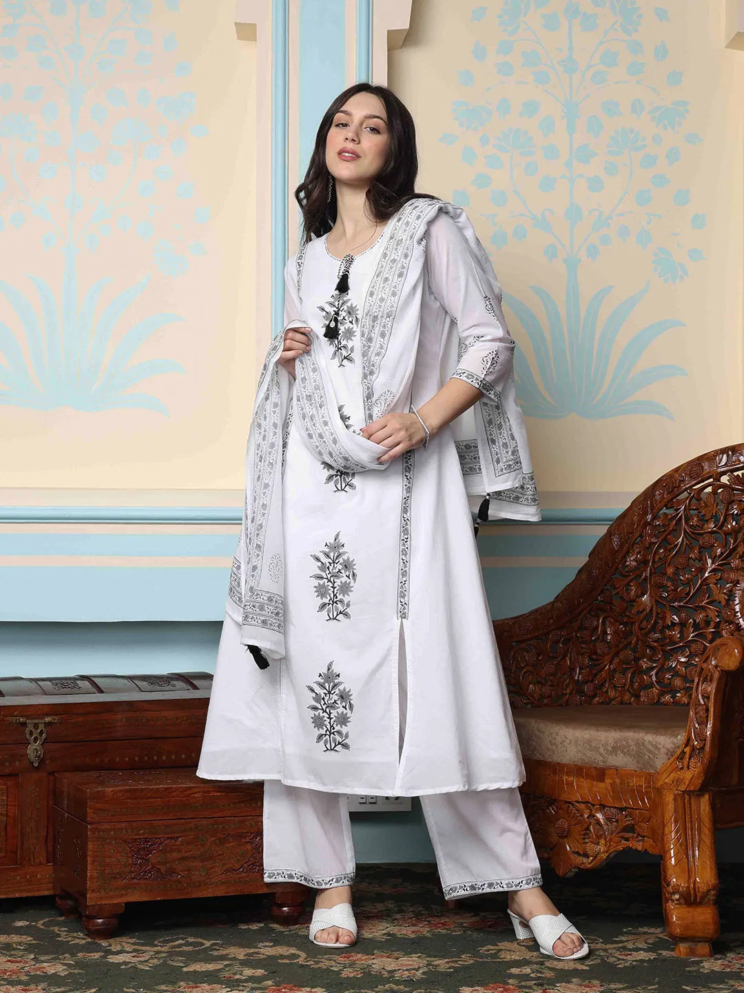 Cotton Block Printed Kurta with Neck Tie-Up, Solid Pants and Soft Mulmul Dupatta