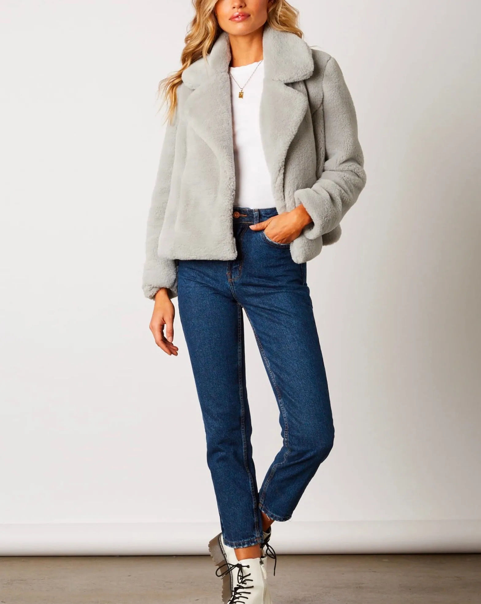 Cotton Candy LA - Faux Fur Jacket with Notched Collar and Hidden Pockets in Dove Grey