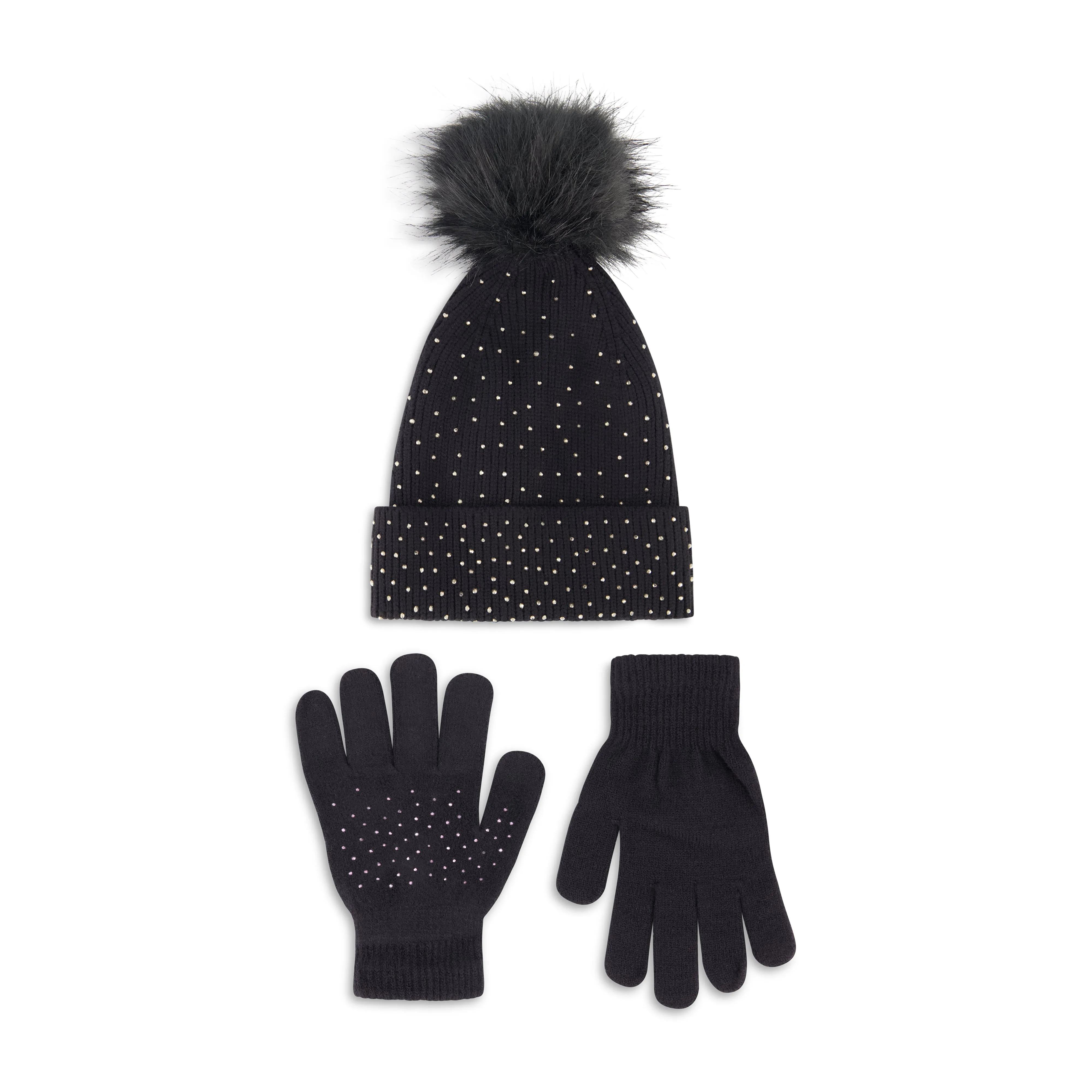 Daisy Fuentes Sparkle Small Metal Rhinestone Rib Knit Beanie with Faux Fur Pom and Glove Set