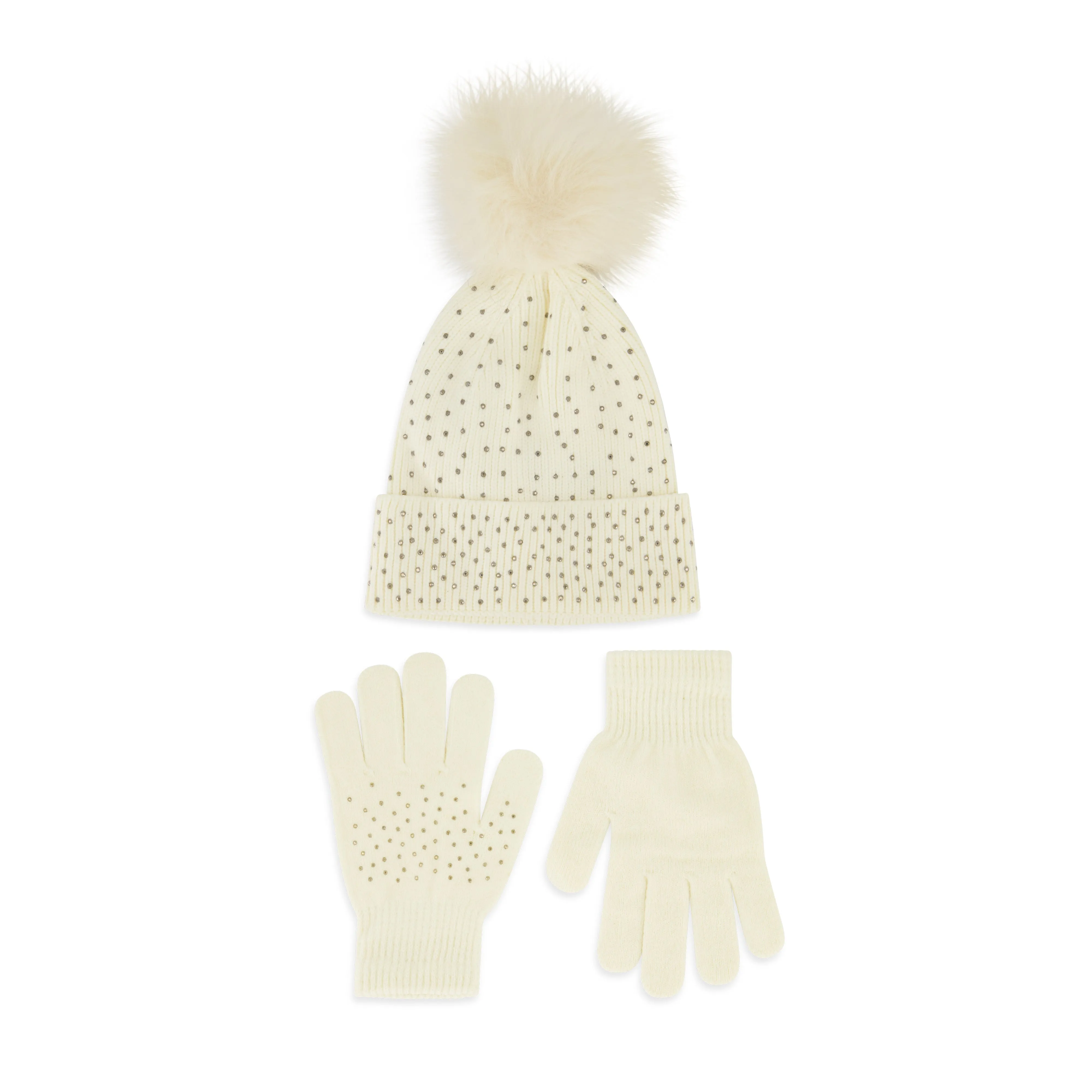 Daisy Fuentes Sparkle Small Metal Rhinestone Rib Knit Beanie with Faux Fur Pom and Glove Set