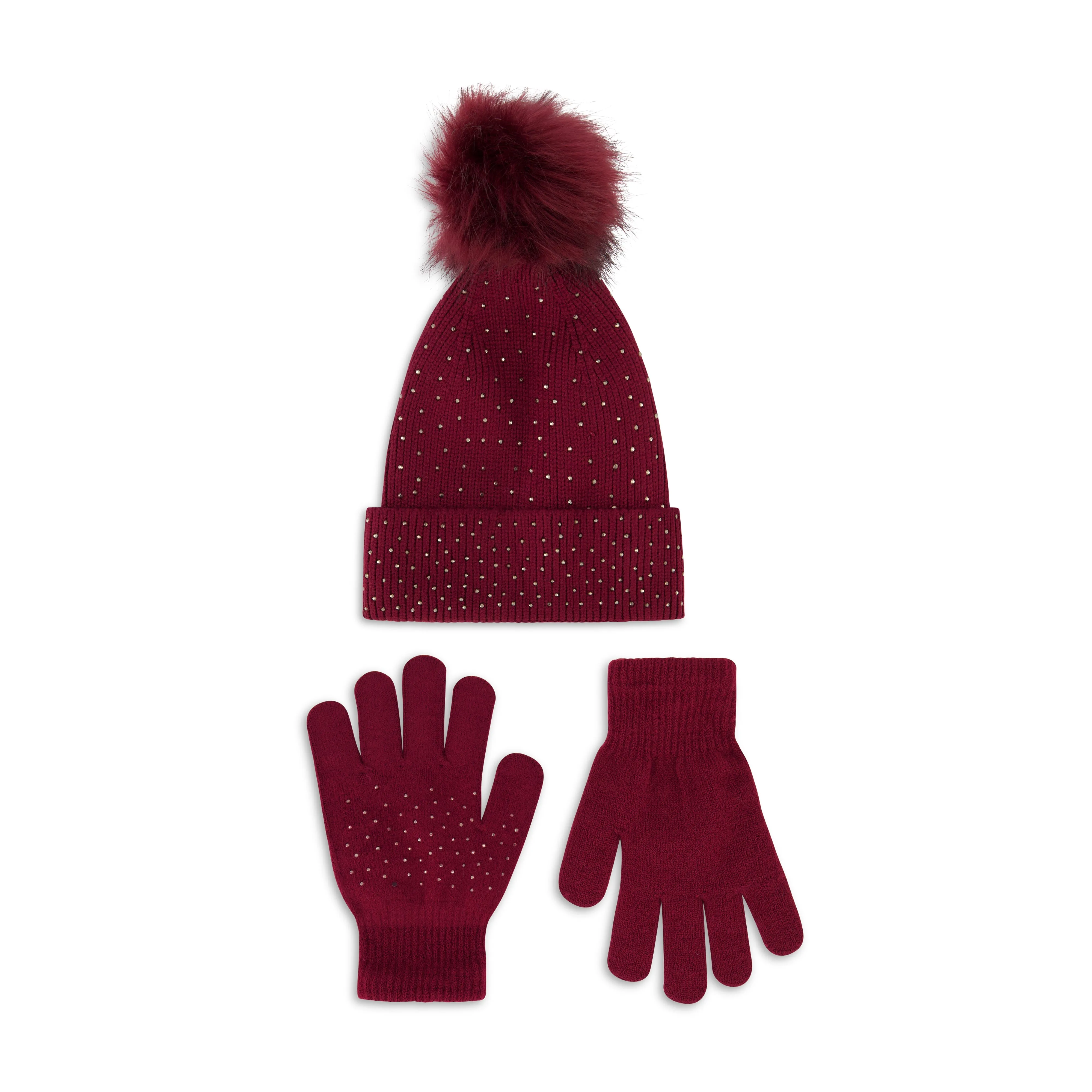 Daisy Fuentes Sparkle Small Metal Rhinestone Rib Knit Beanie with Faux Fur Pom and Glove Set