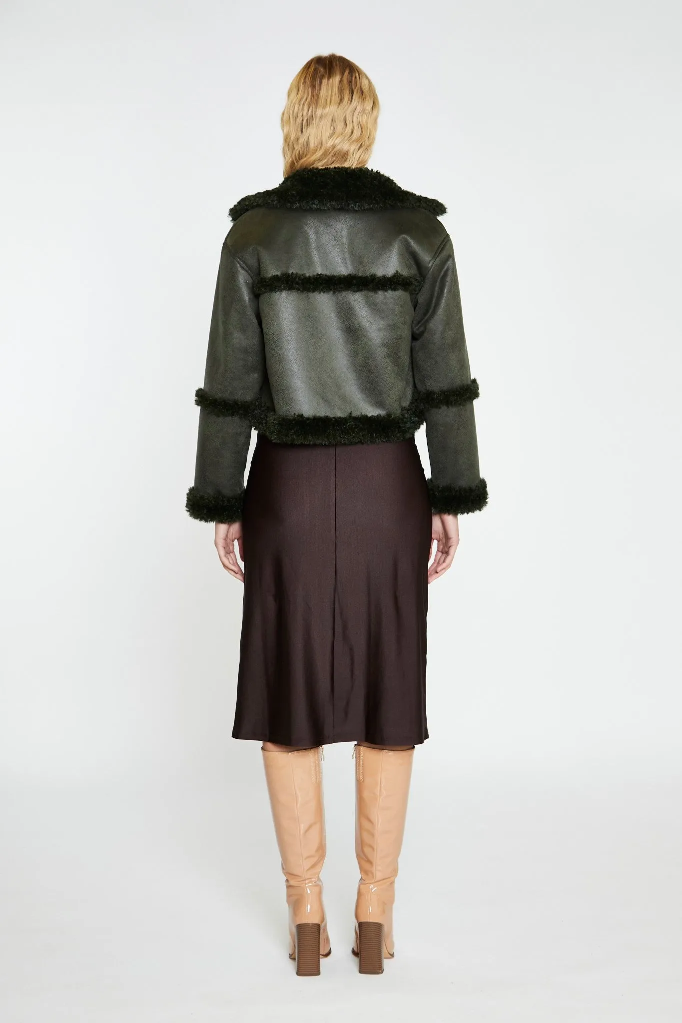 Dark-Green Cropped Shearling Trim -Jacket