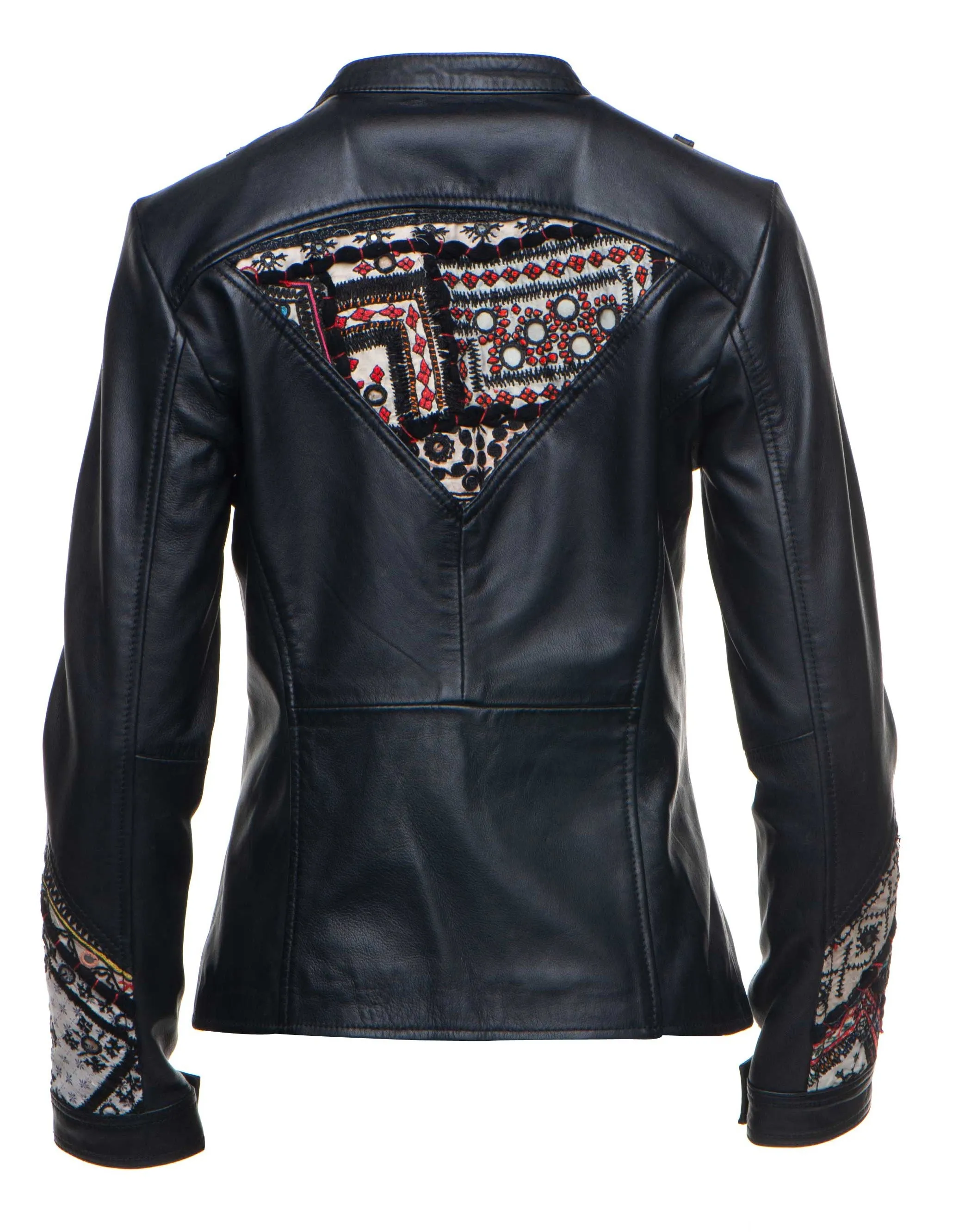 Delilah’s Bohemian Chic Leather Jacket With Tribal Hand Embroidered Fabric