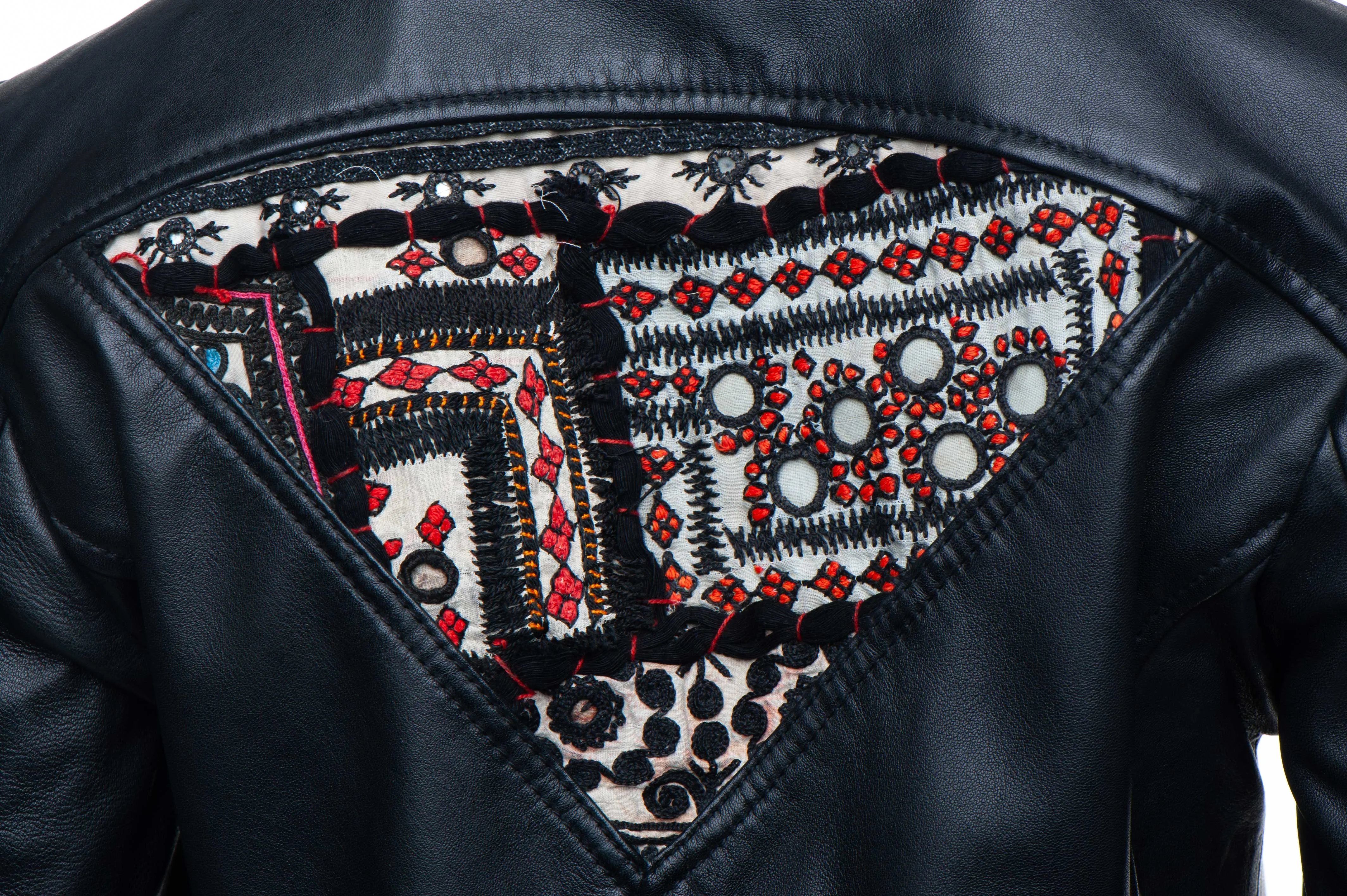 Delilah’s Bohemian Chic Leather Jacket With Tribal Hand Embroidered Fabric