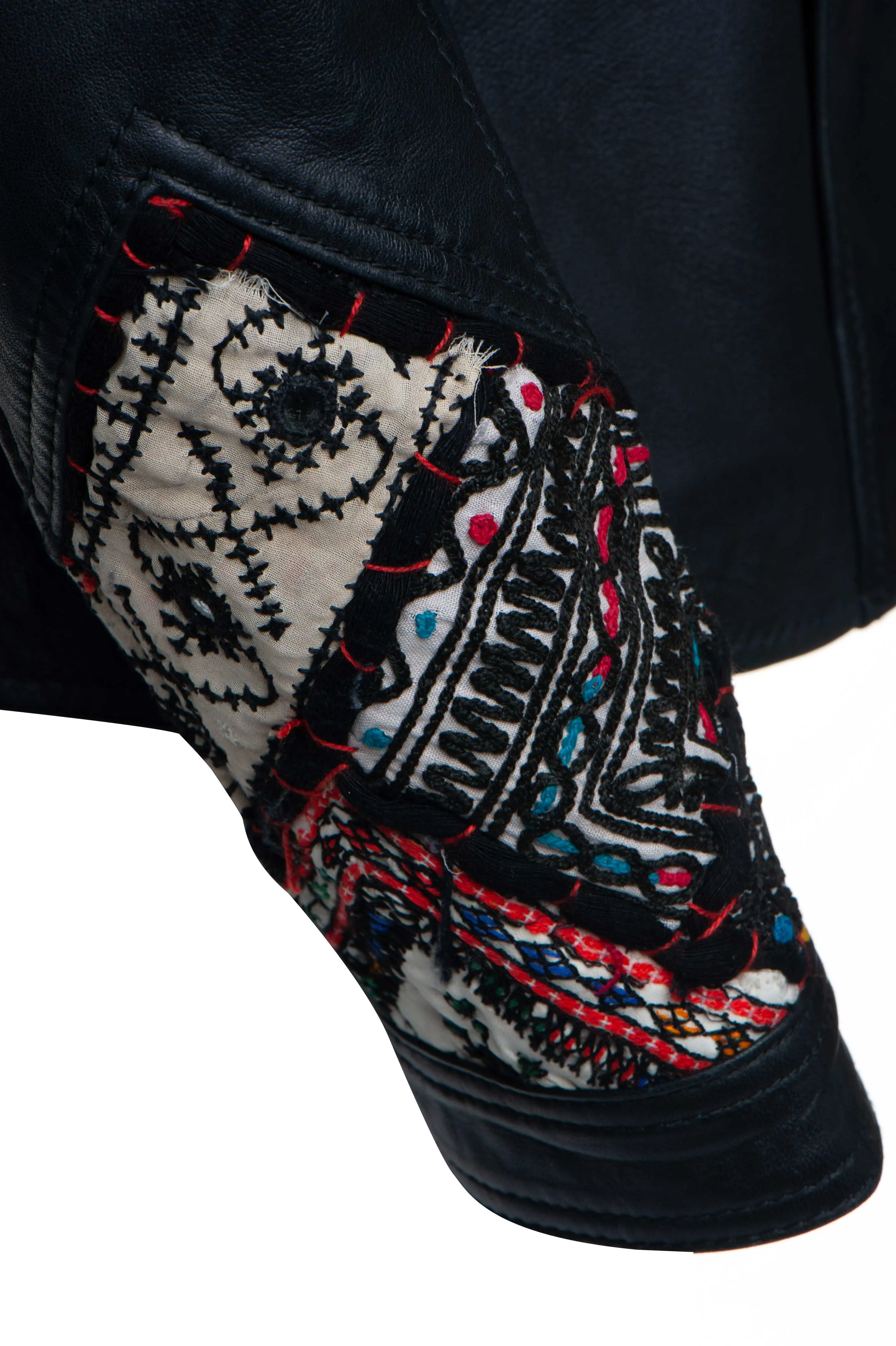 Delilah’s Bohemian Chic Leather Jacket With Tribal Hand Embroidered Fabric