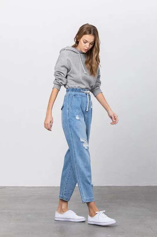 Denim Lab USA Super High Waist Drawstring Ripped Slouch Jeans