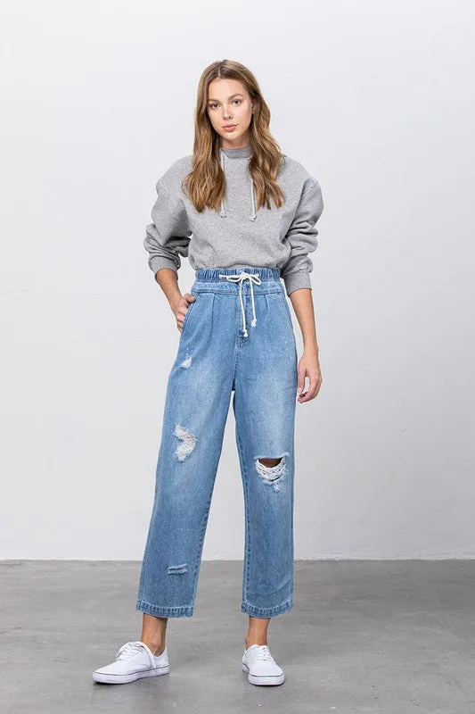 Denim Lab USA Super High Waist Drawstring Ripped Slouch Jeans