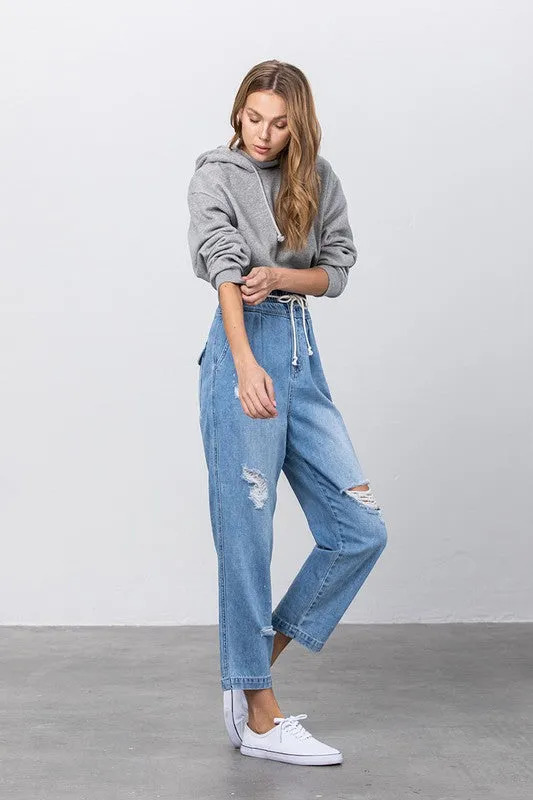 Denim Lab USA Super High Waist Drawstring Ripped Slouch Jeans