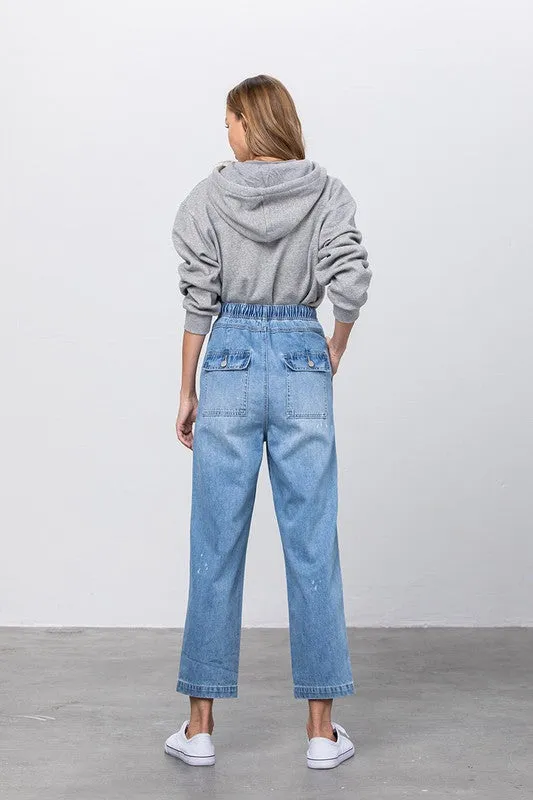 Denim Lab USA Super High Waist Drawstring Ripped Slouch Jeans