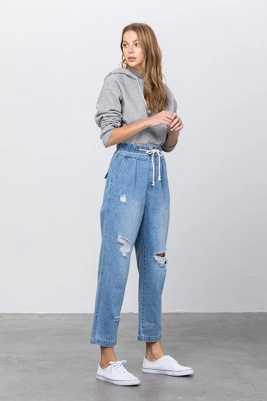 Denim Lab USA Super High Waist Drawstring Ripped Slouch Jeans