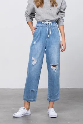 Denim Lab USA Super High Waist Drawstring Ripped Slouch Jeans