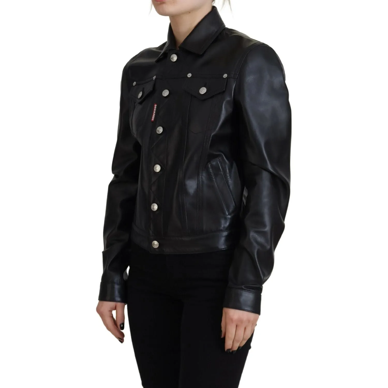 Dsquared² Black Leather Collared Long Sleeves Jacket