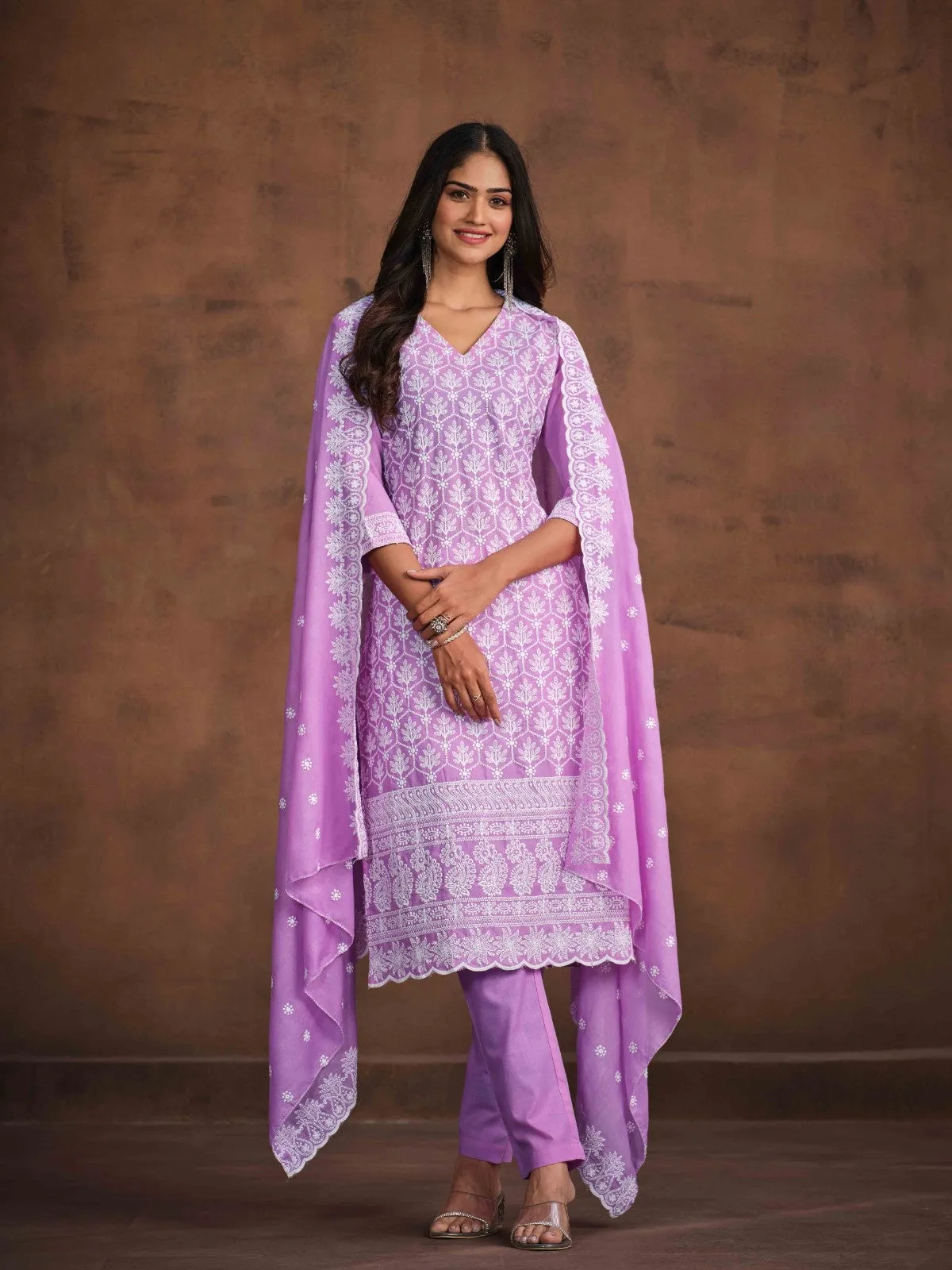 Embroidered Straight Chikankari Pure Cotton Kurta with Trousers & Dupatta