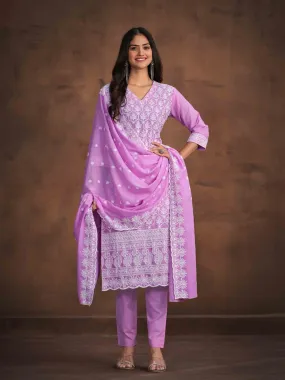 Embroidered Straight Chikankari Pure Cotton Kurta with Trousers & Dupatta