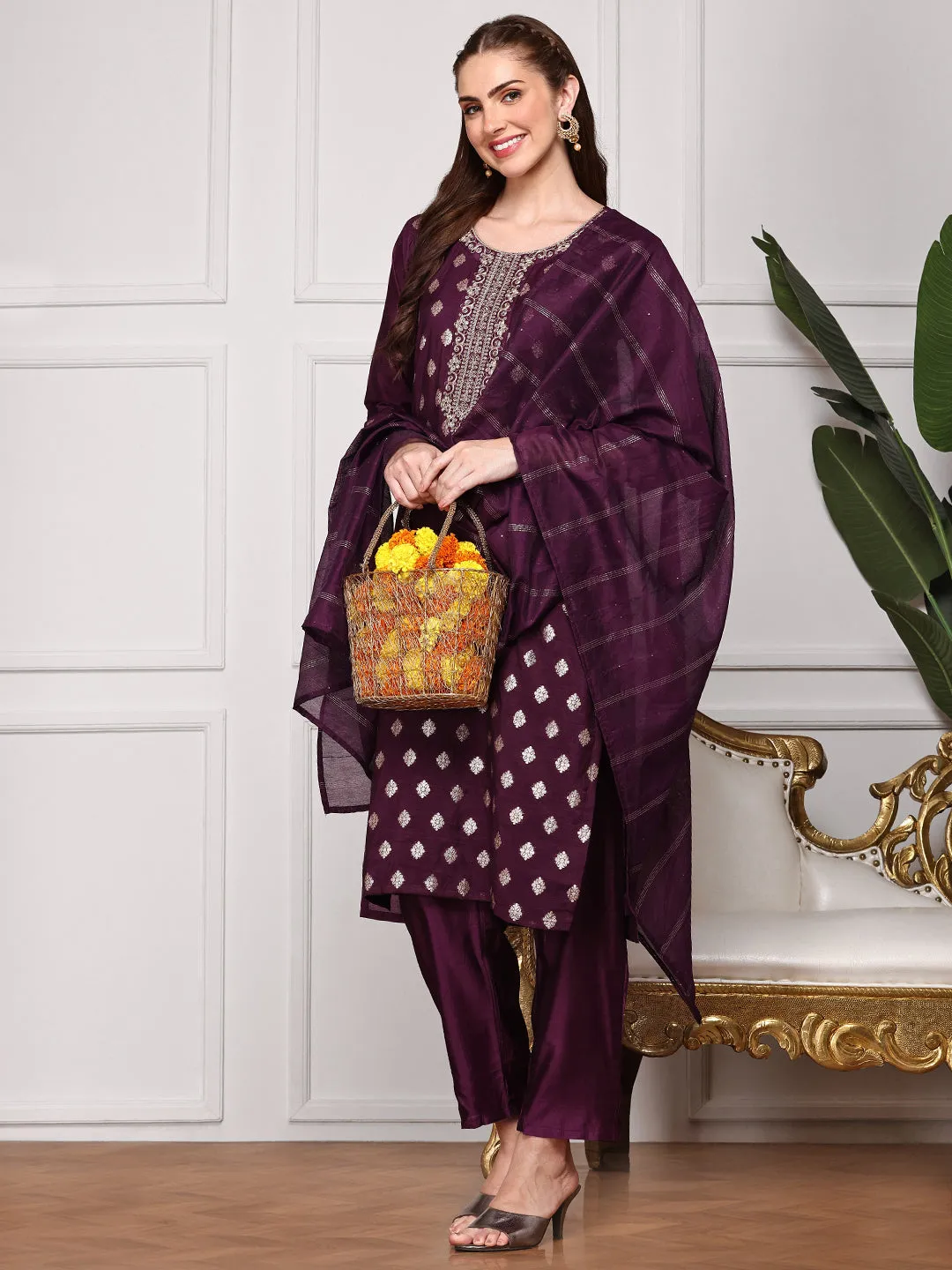 Ethnic Motifs Embroidered Sequinned Straight Kurta With Trousers & Dupatta