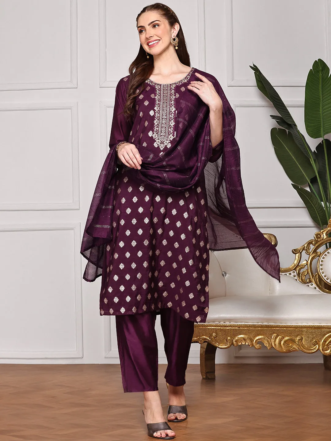 Ethnic Motifs Embroidered Sequinned Straight Kurta With Trousers & Dupatta