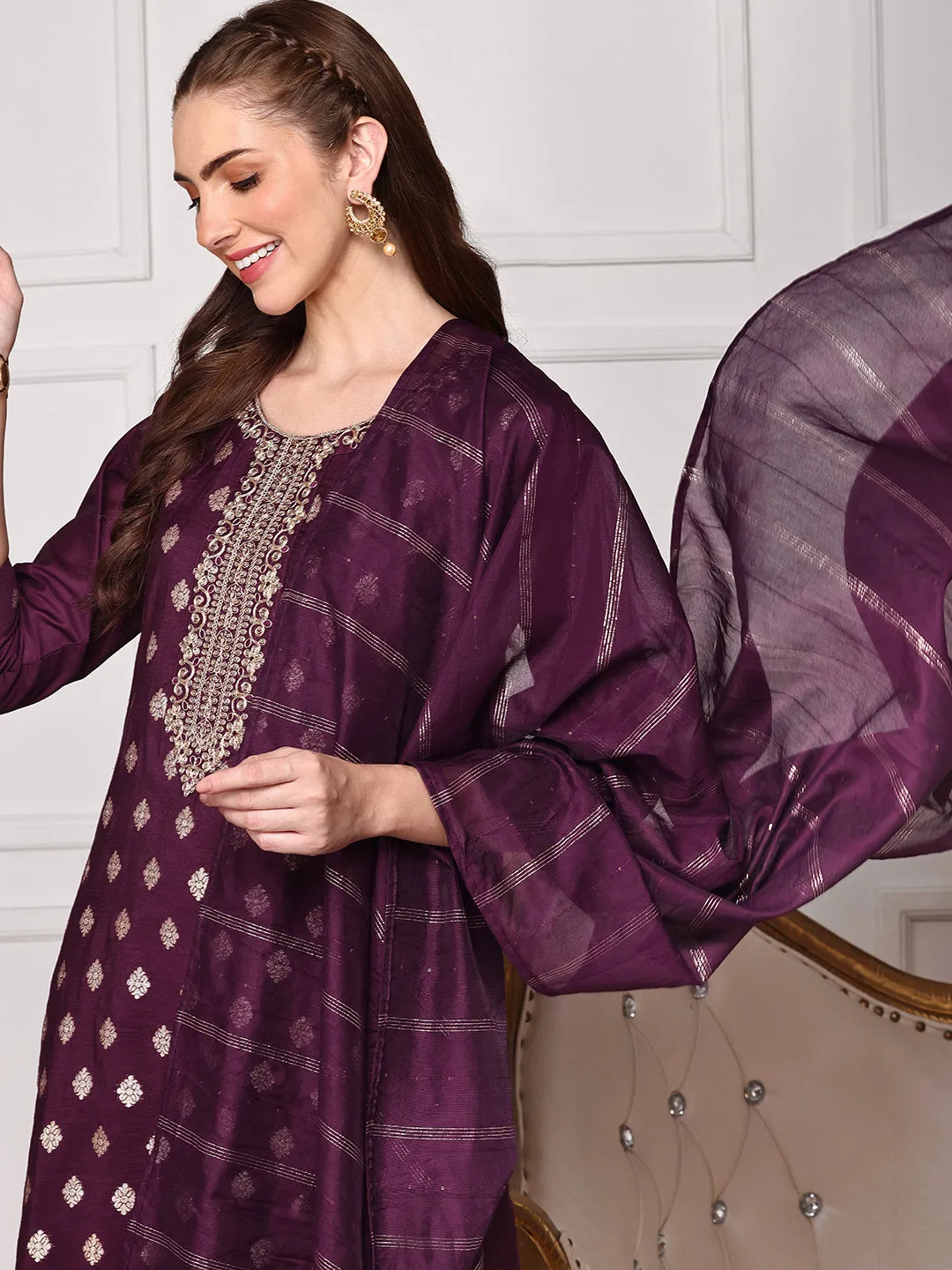 Ethnic Motifs Embroidered Sequinned Straight Kurta With Trousers & Dupatta